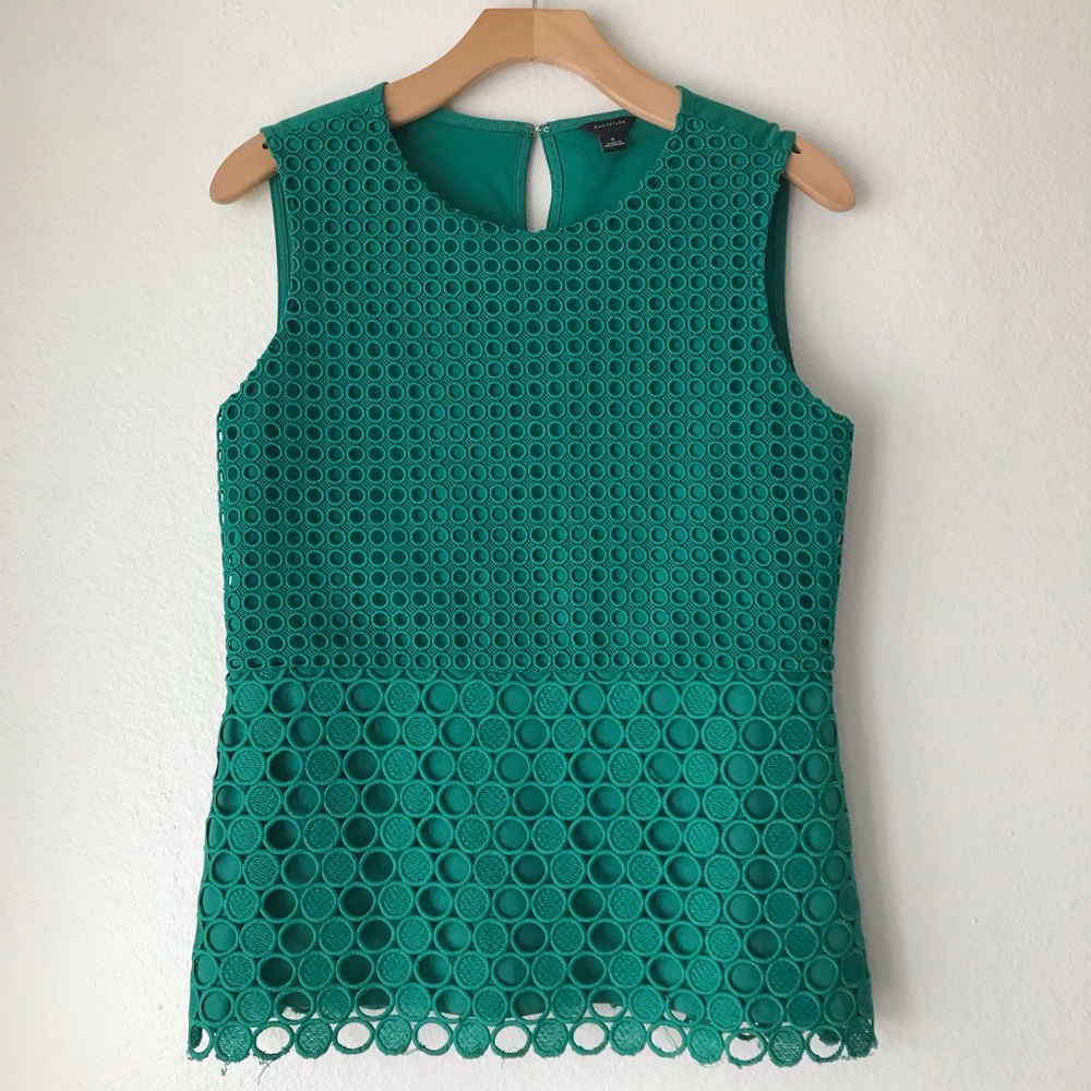 Ann Taylor green blouse crochet overlay